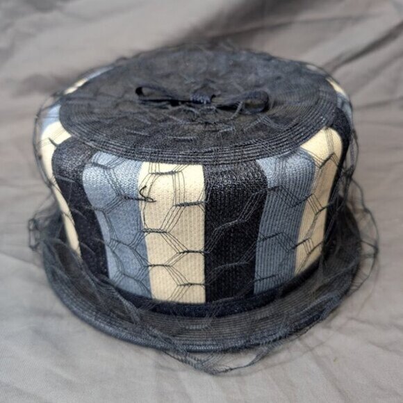 Vintage Jerry Yates 50's 60's Striped Blue Mesh Draped bucket Hat - Picture 2 of 8